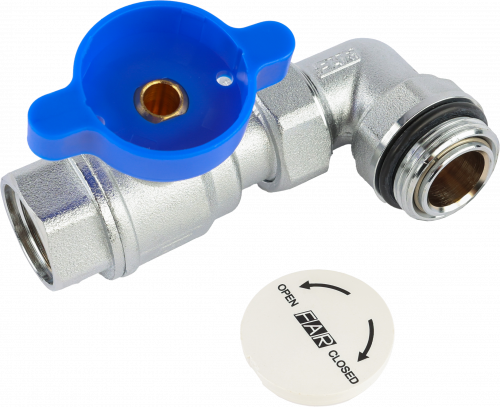 Кран шаровой FAR 3/4"-1", ВР-"американка" EPDM, угловой, син. бабочка под термометр, хром